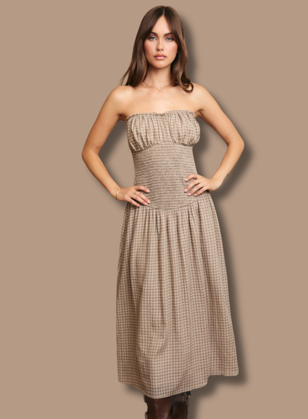 Strapless Taupe Gingham Midi Smocked Dress