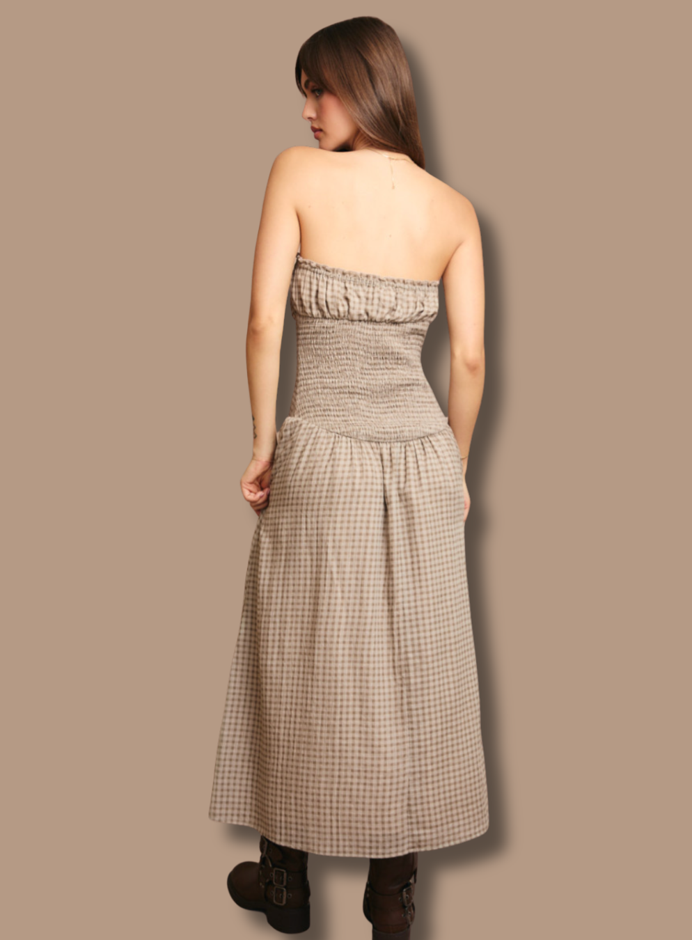 Strapless Taupe Gingham Midi Smocked Dress
