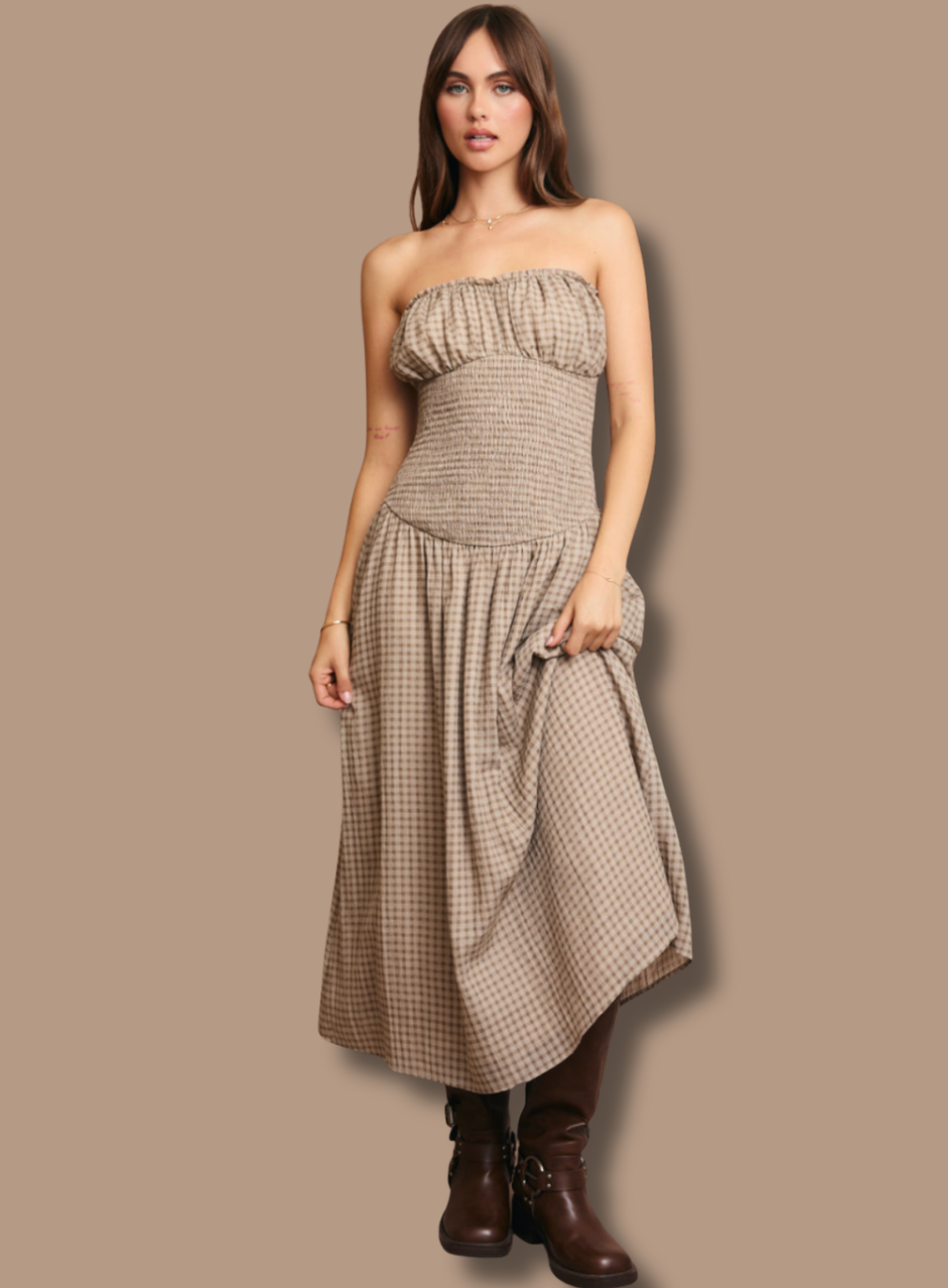 Strapless Taupe Gingham Midi Smocked Dress