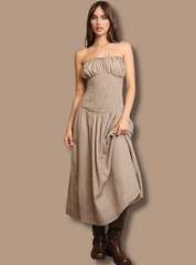 Strapless Taupe Gingham Midi Smocked Dress