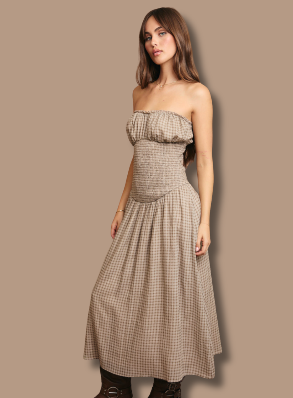 Strapless Taupe Gingham Midi Smocked Dress