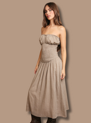 Strapless Taupe Gingham Midi Smocked Dress