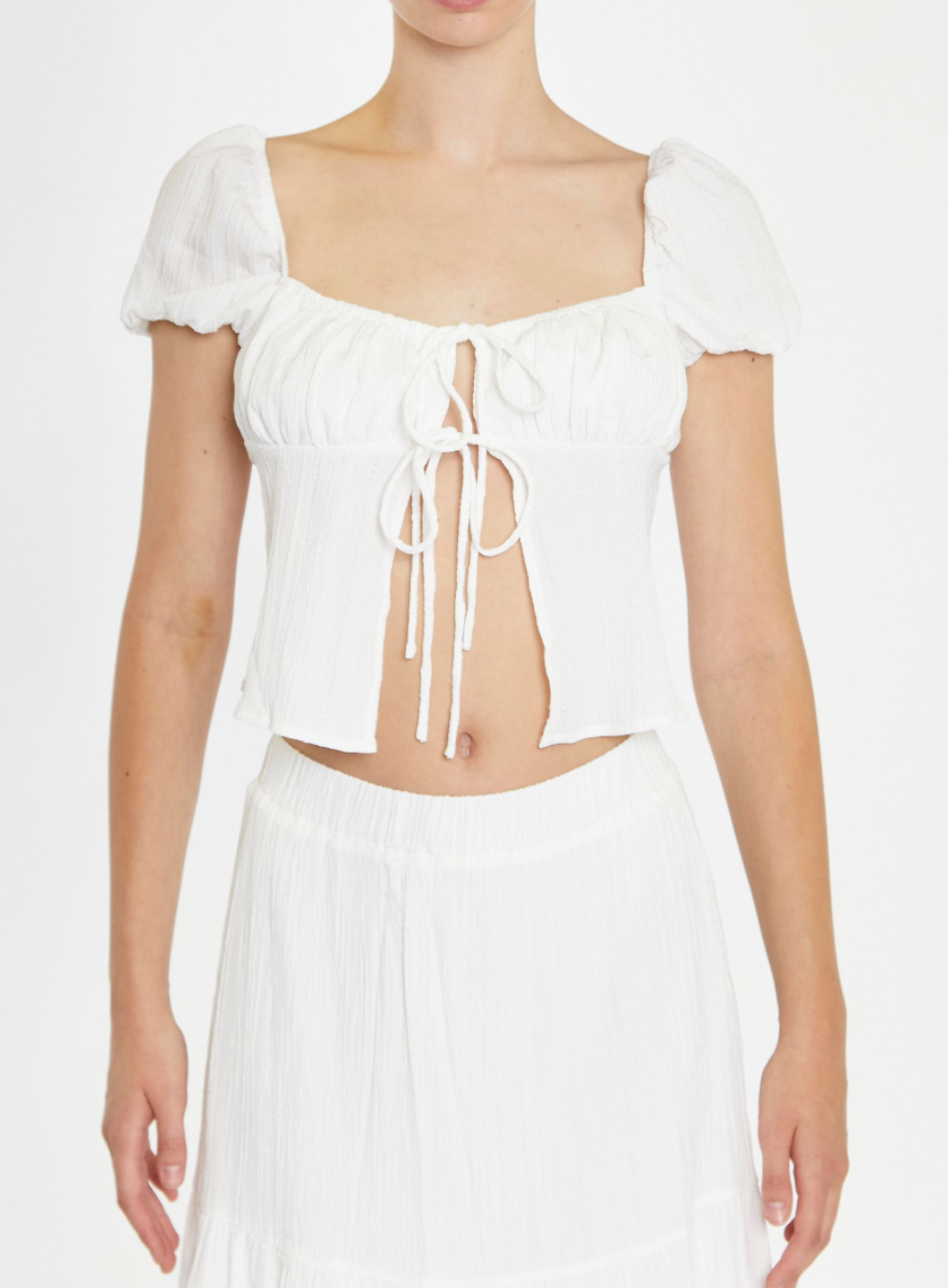 White Crinkle Tie Up Front Top