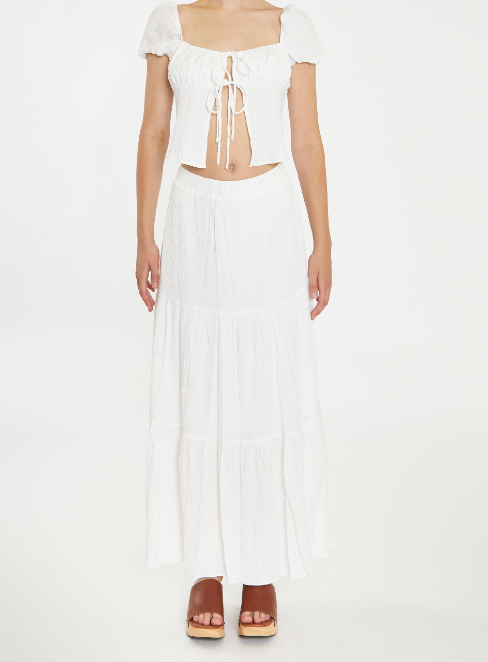 White Crinkle Tiered Maxi Skirt
