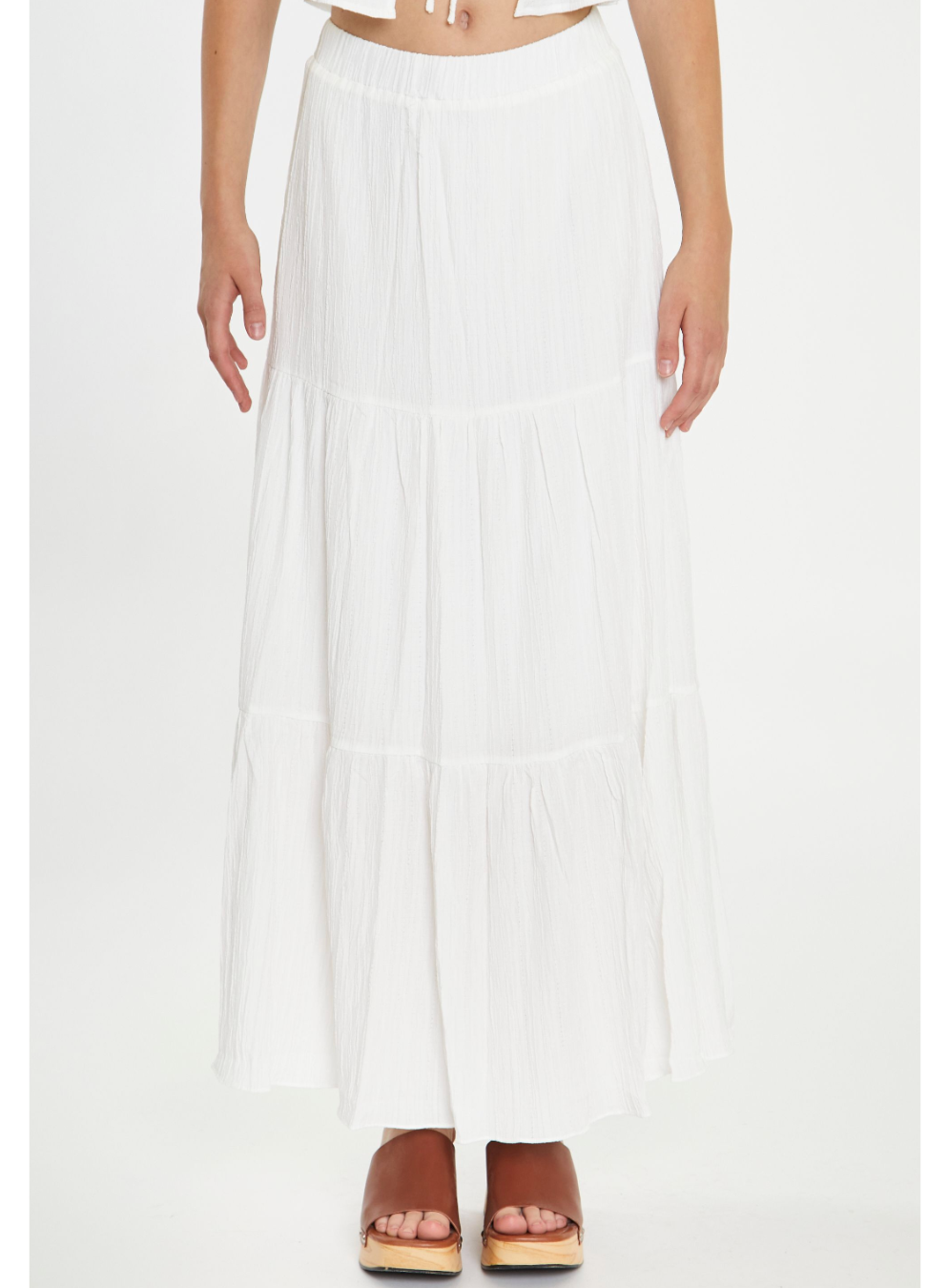 White Crinkle Tiered Maxi Skirt