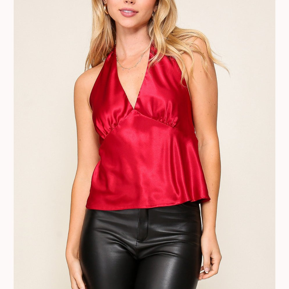 Amerie Satin Sleeveless Halter Top in Red - Highly Praise