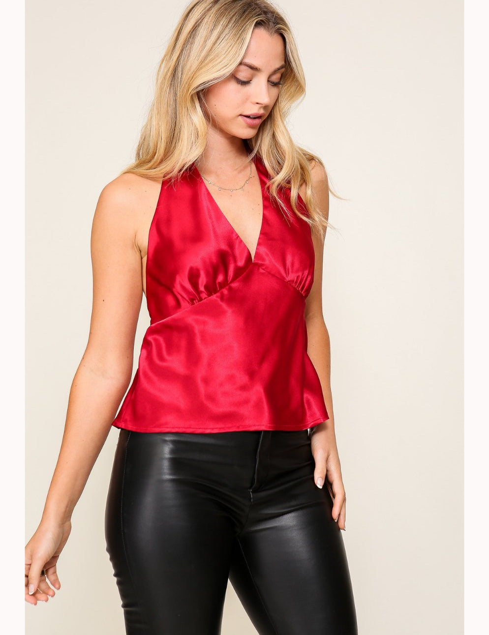 Amerie Satin Sleeveless Halter Top in Red - Highly Praise