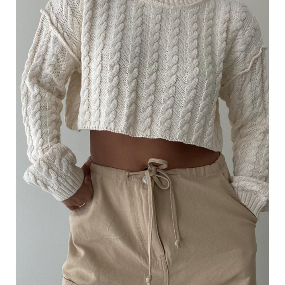 Cable Knit Cropped Sweater in Cream - Highly Praise