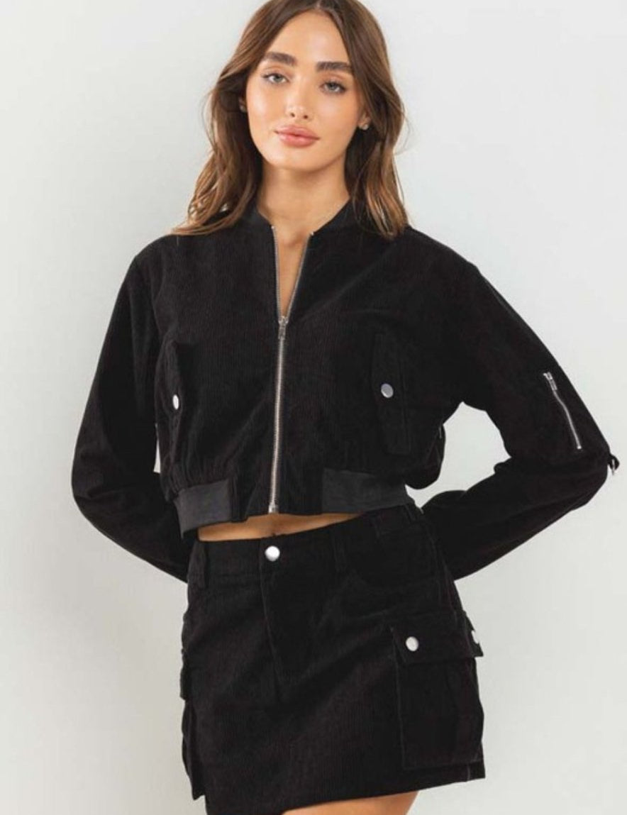 Corduroy Bomber Jacket in Black - Highly Praise