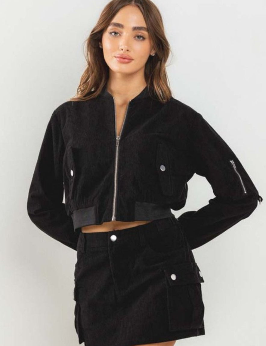 Corduroy Bomber Jacket in Black - Highly Praise