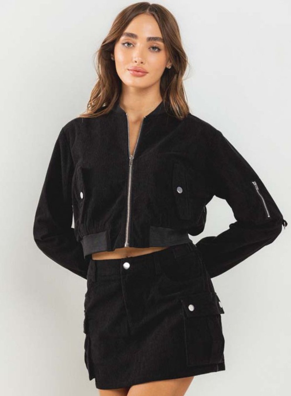 Corduroy Bomber Jacket in Black - Highly Praise