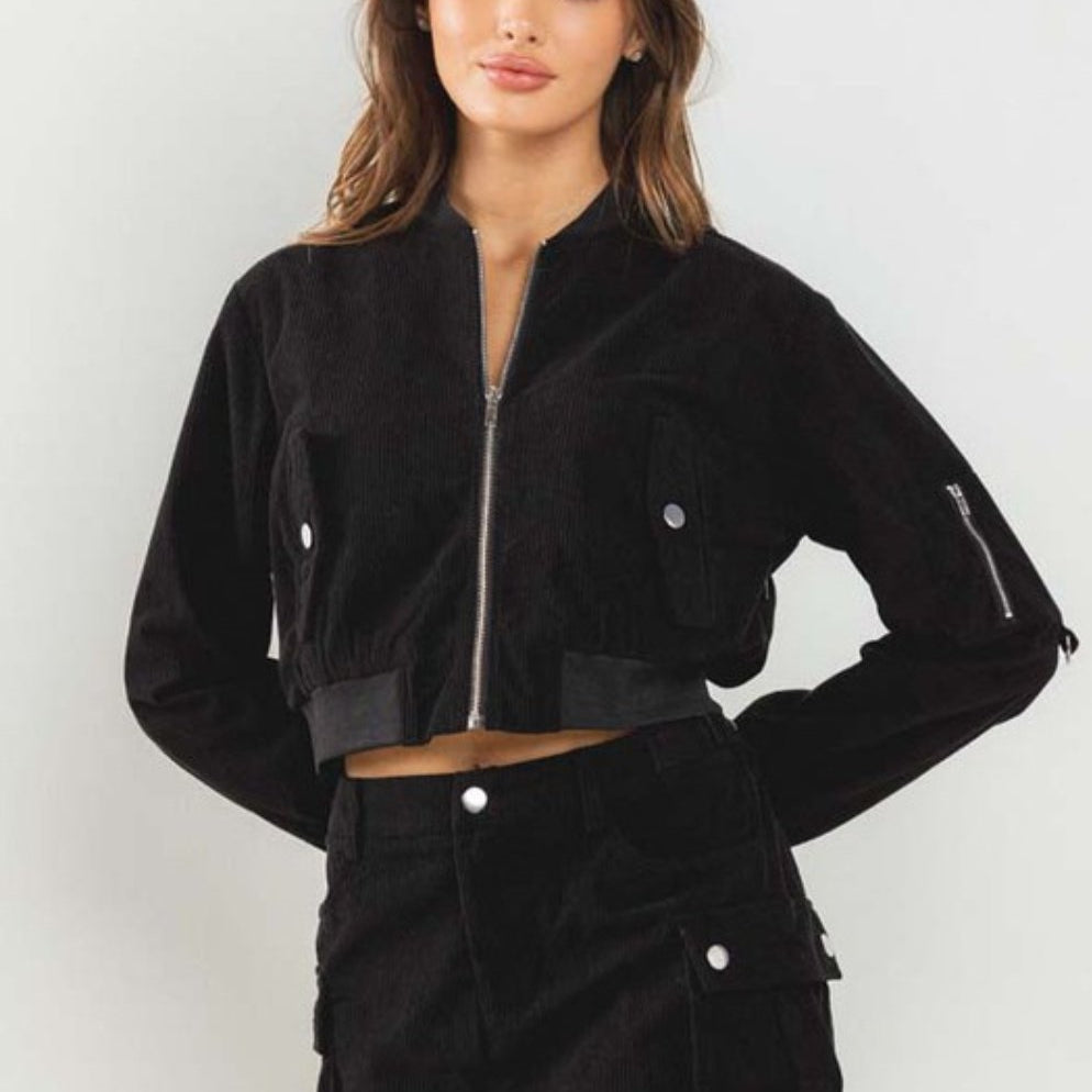 Corduroy Bomber Jacket in Black - Highly Praise