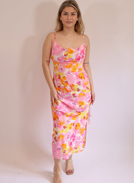 Cowl Neck Floral Ruched Midi Dress – Highly Praise