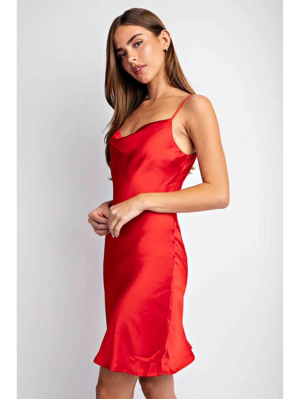 Cowl Neck Satin Cami Dress in Scarlet - Highly Praise
