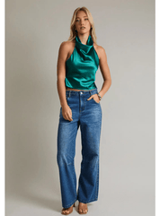 Cowl Neck Satin Top with Back Tie-Closure