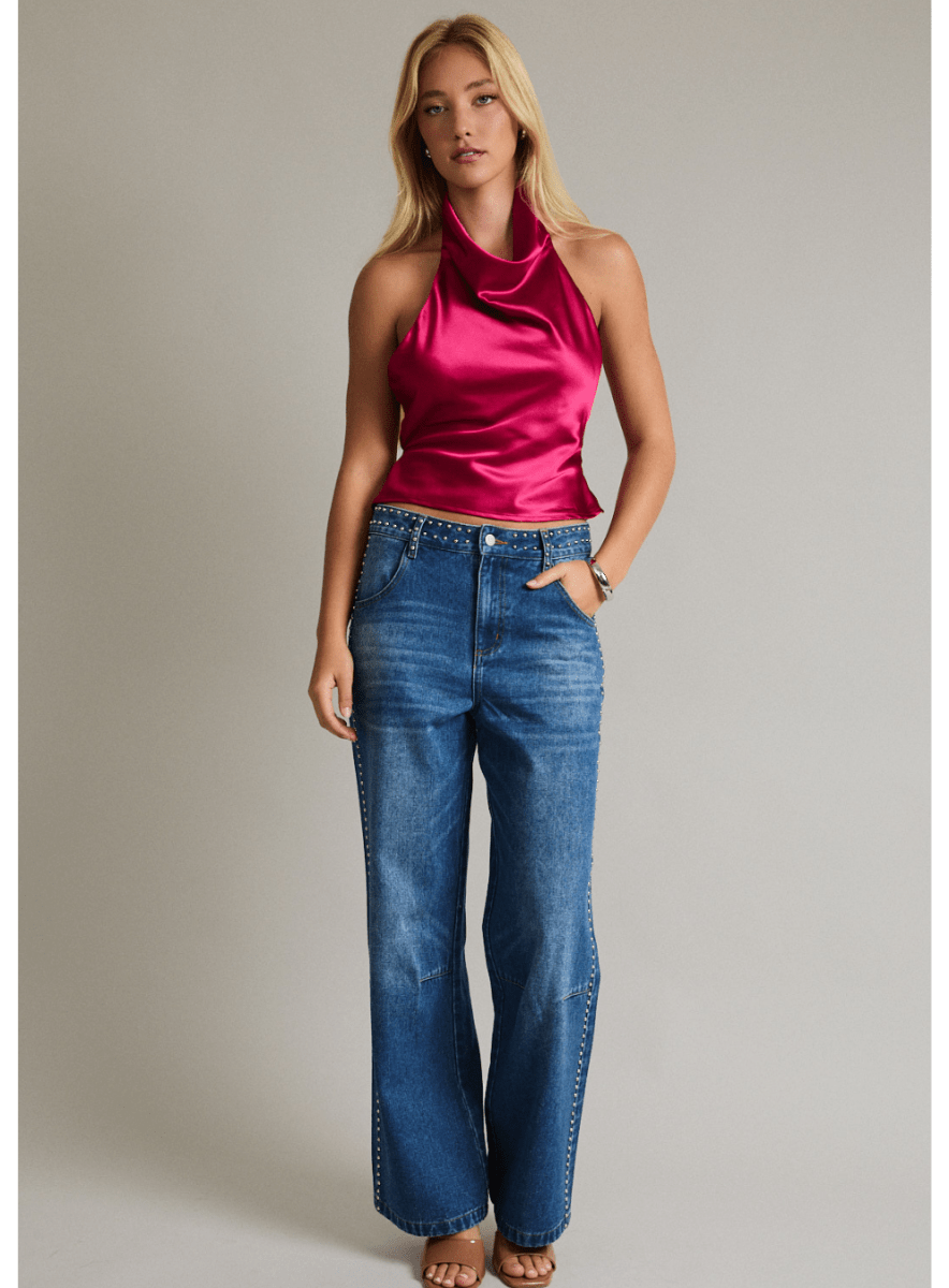 Cowl Neck Satin Top with Back Tie-Closure