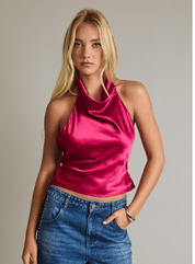 Cowl Neck Satin Top with Back Tie-Closure