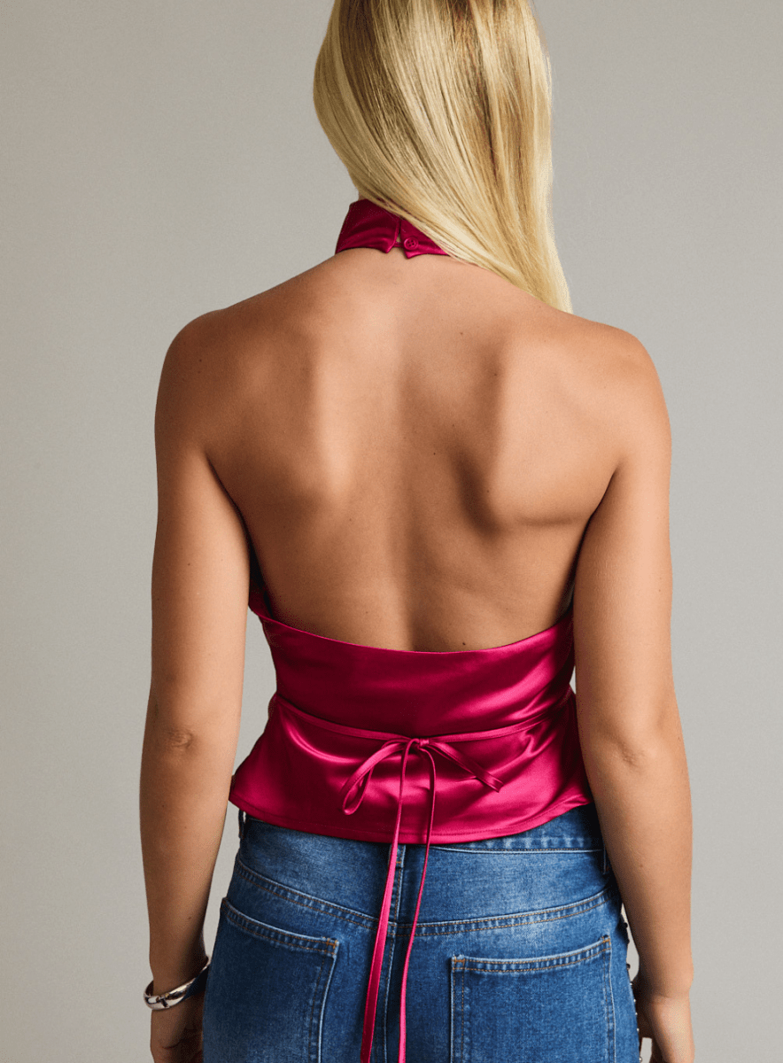 Cowl Neck Satin Top with Back Tie-Closure