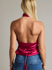 Cowl Neck Satin Top with Back Tie-Closure