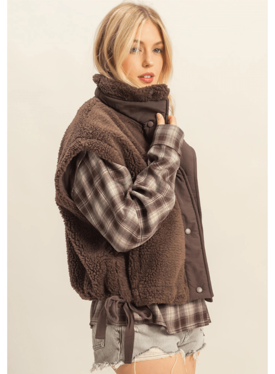 Cozy Sherpa Vest Jacket with Tie-Up Side Details