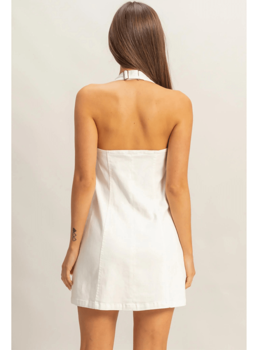 Denim Halter Neck Front Zip Up Mini Dress