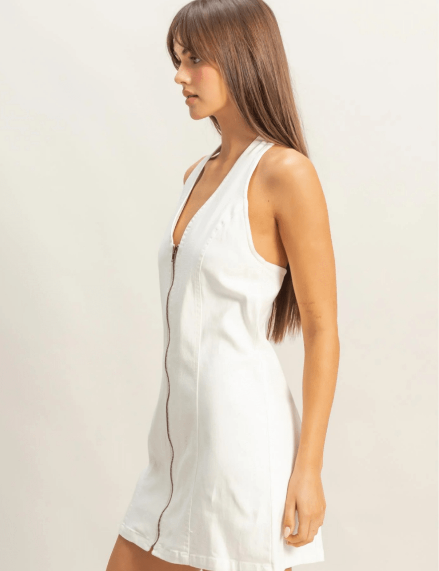 Denim Halter Neck Front Zip Up Mini Dress for Stylish Look – Highly Praise