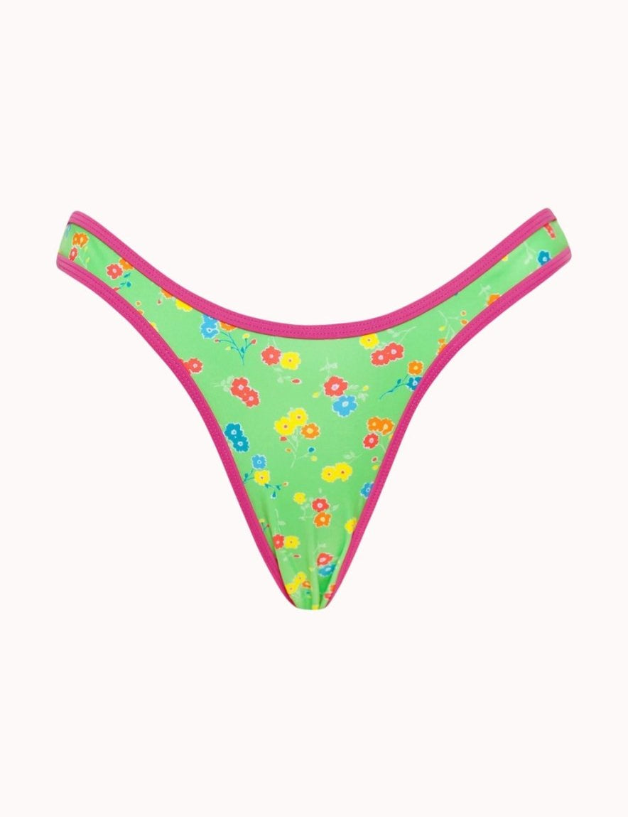 Farida Bikini Bottom In Green Floral Pink Binding - Highly Praise