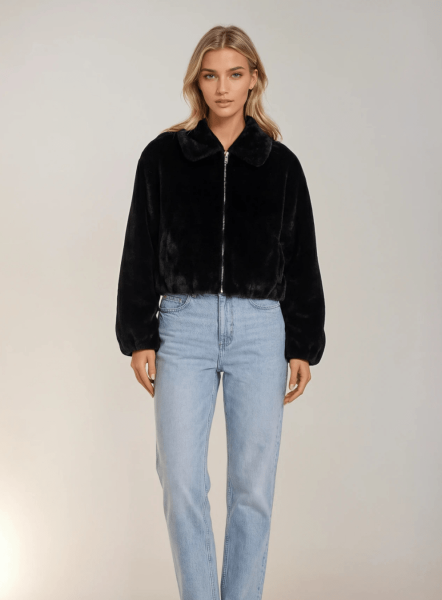 Faux Fur Zip Up Jacket with Collar