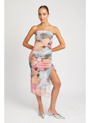 Floral Shirred Midi Dress w/ High Slit - Highly Praise
