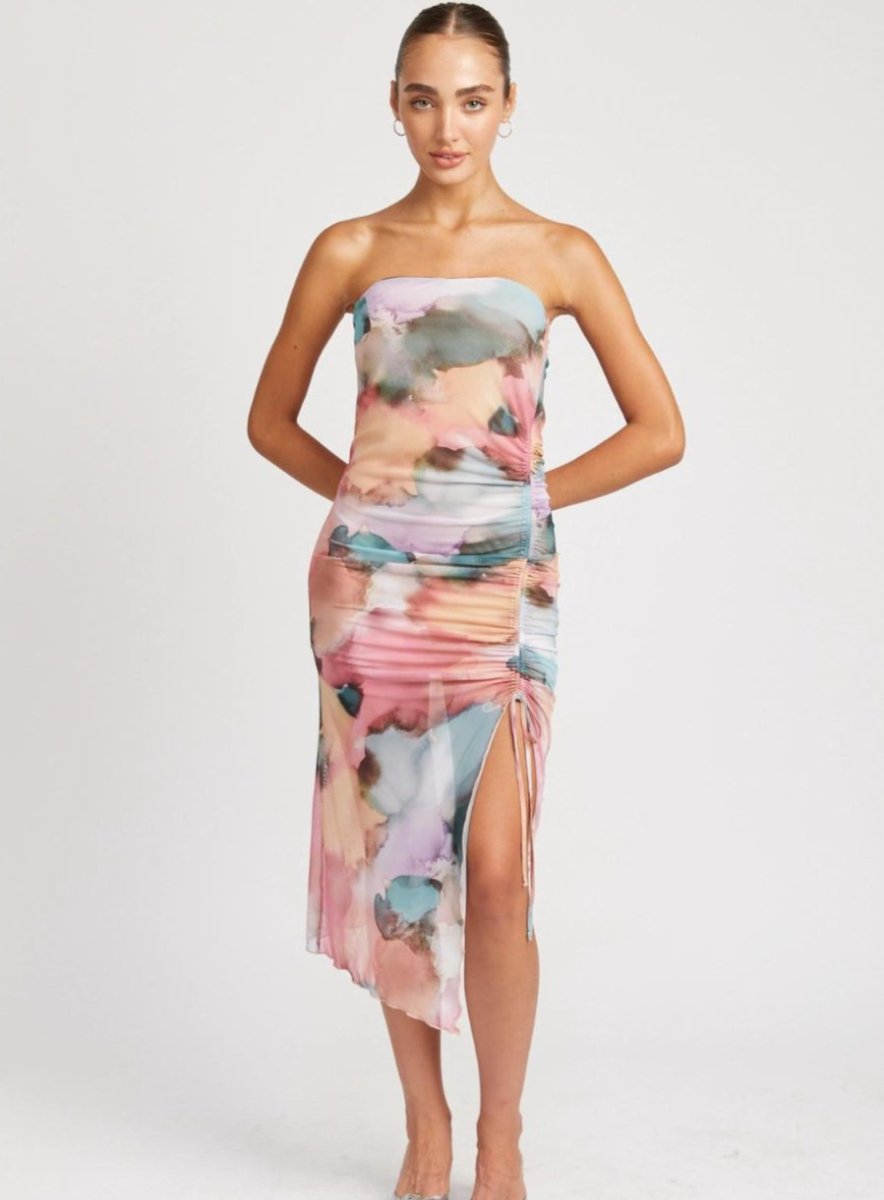 Floral Shirred Midi Dress w/ High Slit - Highly Praise