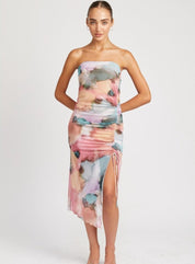 Floral Shirred Midi Dress w/ High Slit - Highly Praise