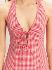 Gingham Halter Neck Front Tie Mini Dress in Red