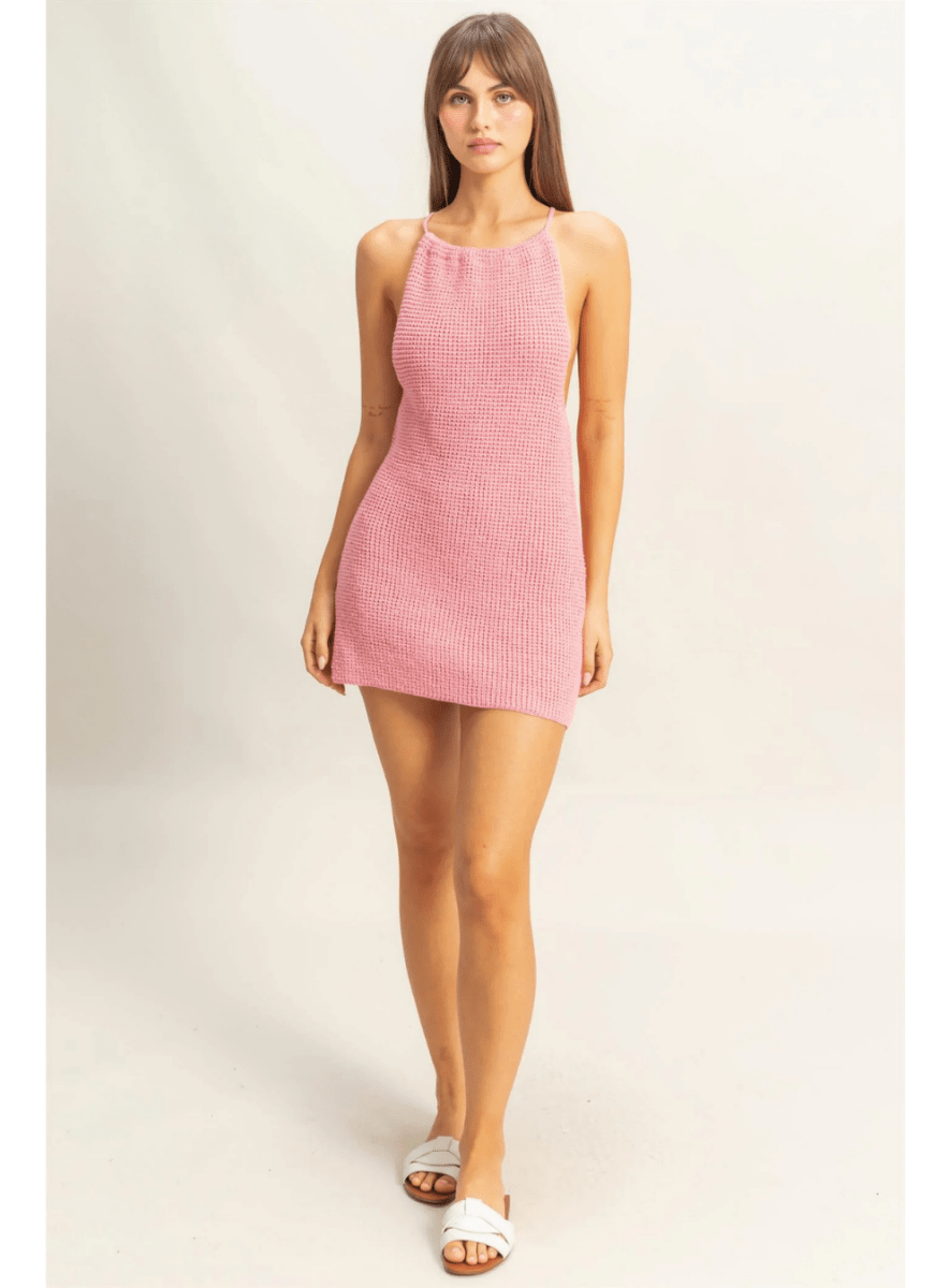 Halter Open Back Knit Coverup Mini Dress
