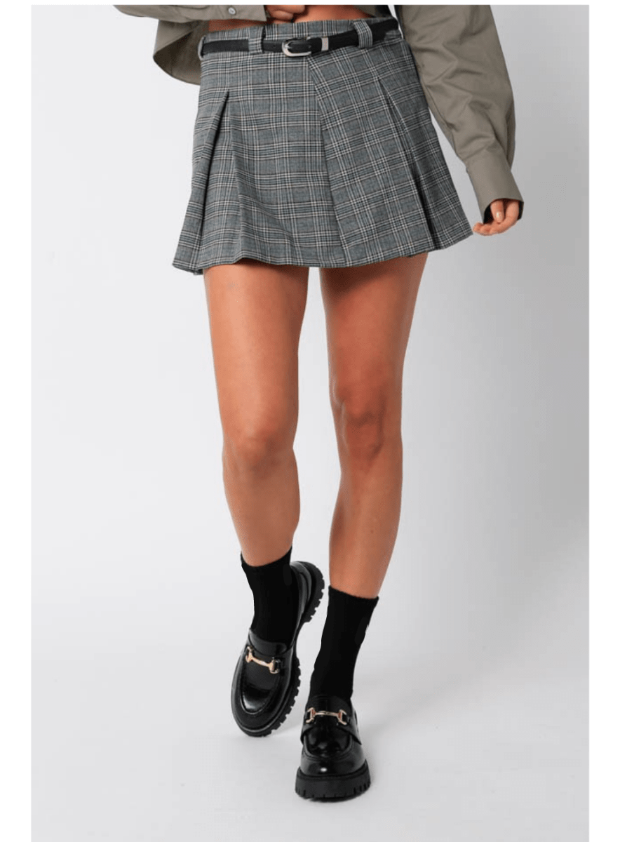 Inverted Pleated Mini Skirt in Green Grey