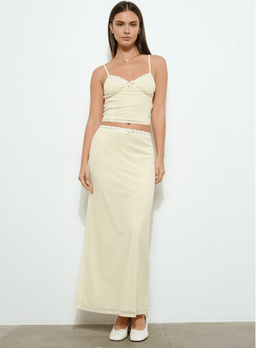 Lace Trim Mesh Long Skirt