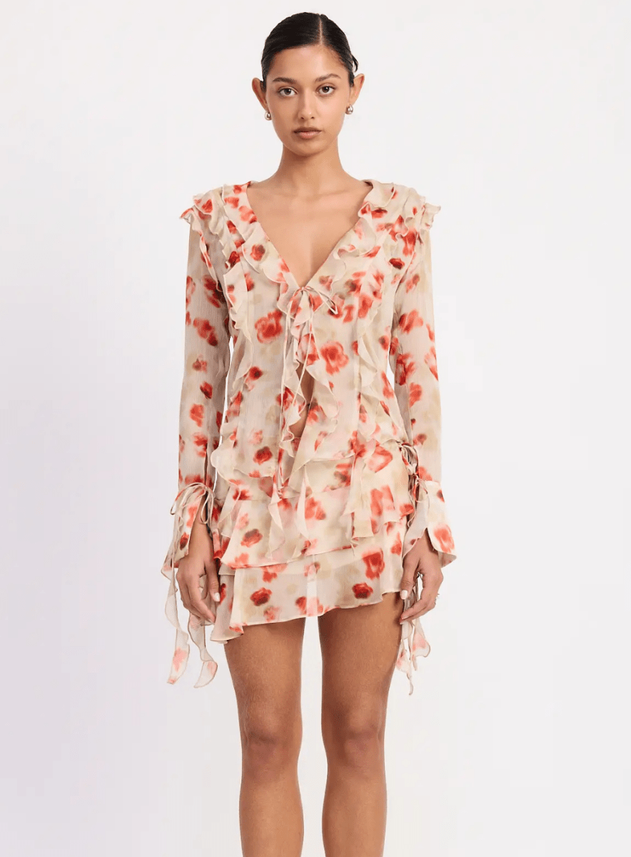 Layered Ruffle Mini Skirt in Sheer Floral Print