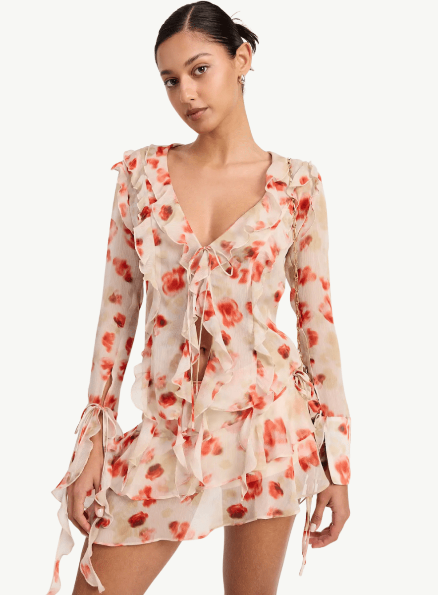 Layered Ruffle Mini Skirt in Sheer Floral Print