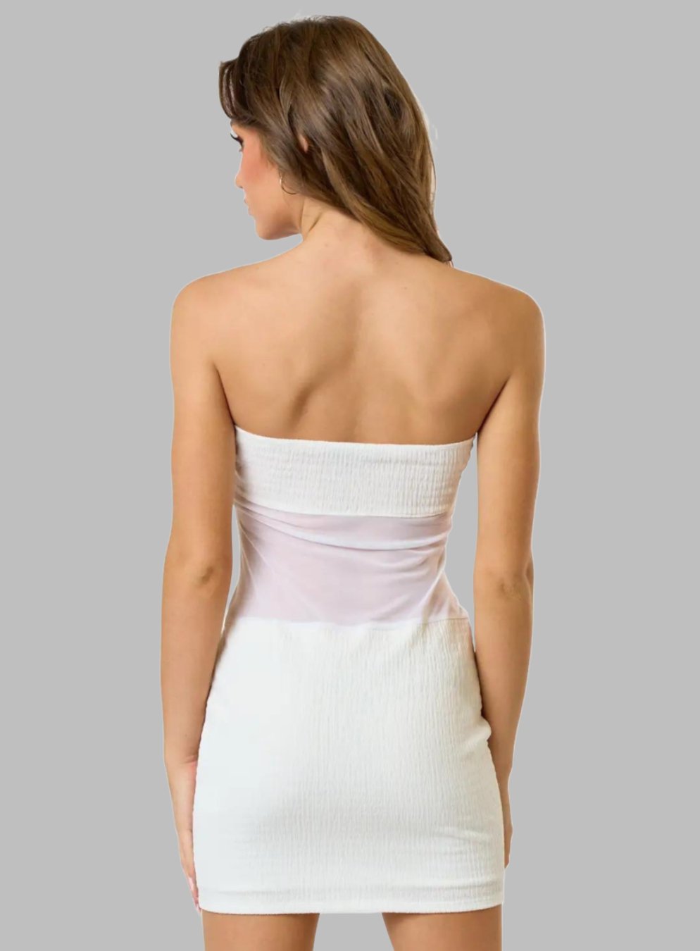Mesh Mix Smocking Tube Mini Dress in White - Highly Praise