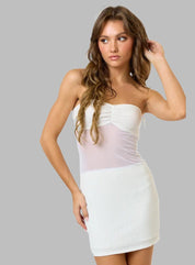 Mesh Mix Smocking Tube Mini Dress in White - Highly Praise