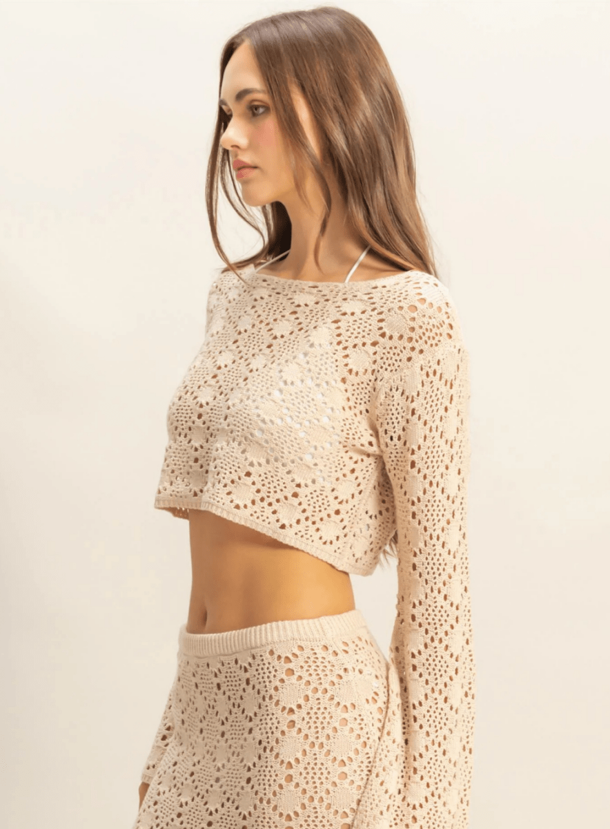 Open Stitch Knit Long Sleeve Crop Top