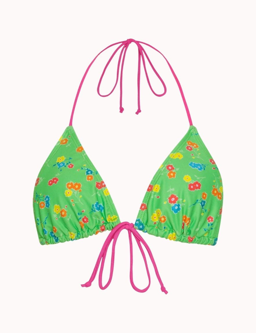 Pamita Bikini Top In Green Floral With Pink Binding - Highly Praise