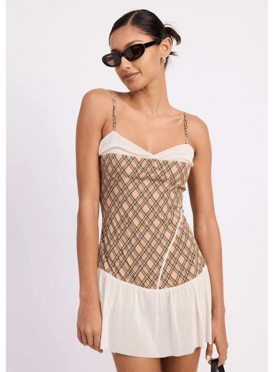 Plaid Ruched Mini Dress with  Contrast Trim