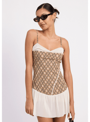 Plaid Ruched Mini Dress with  Contrast Trim