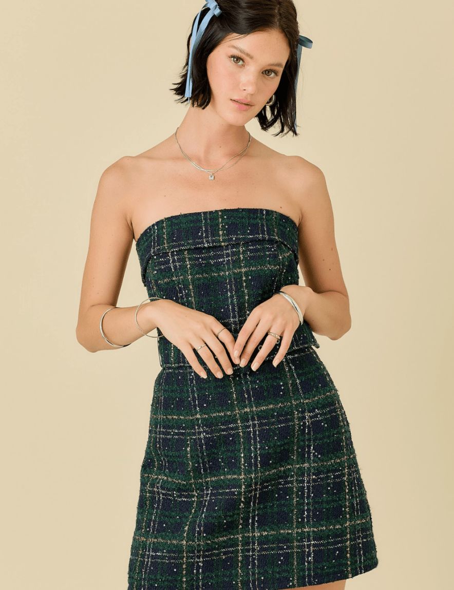 Plaid Strapless Tweed Dress