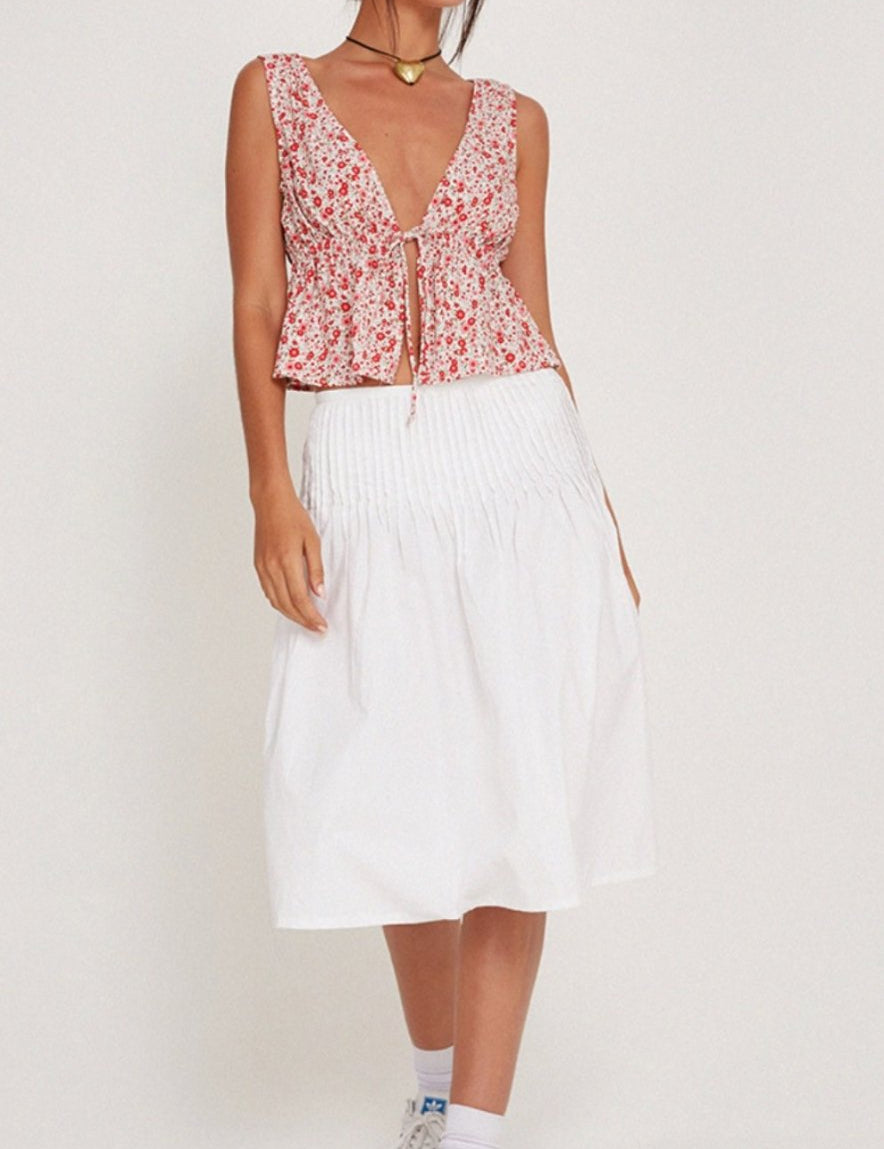 Rolia Tie Top In Ditsy Floral Blush Red - Highly Praise