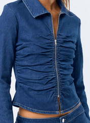 Ruched Long Sleeve Polo Denim Zip-Up