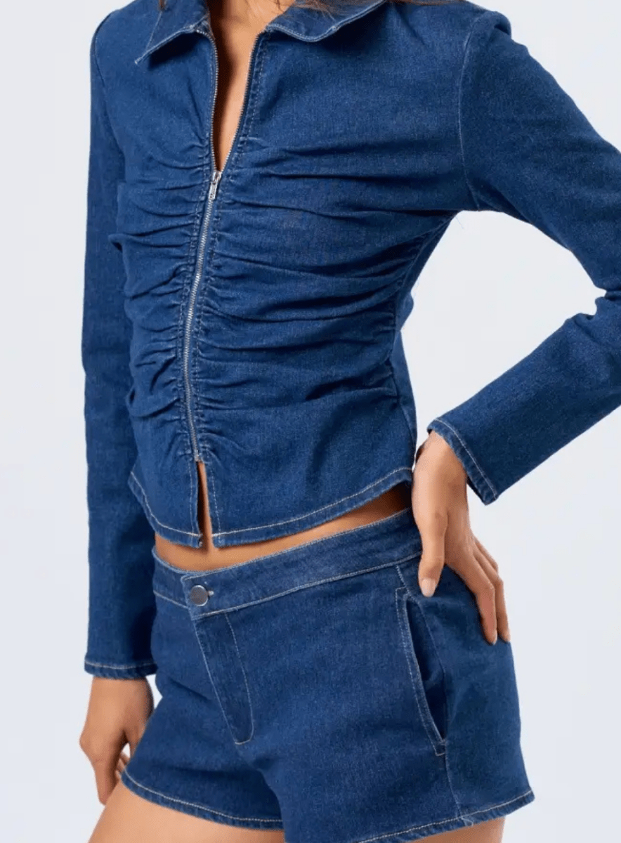 Ruched Long Sleeve Polo Denim Zip-Up