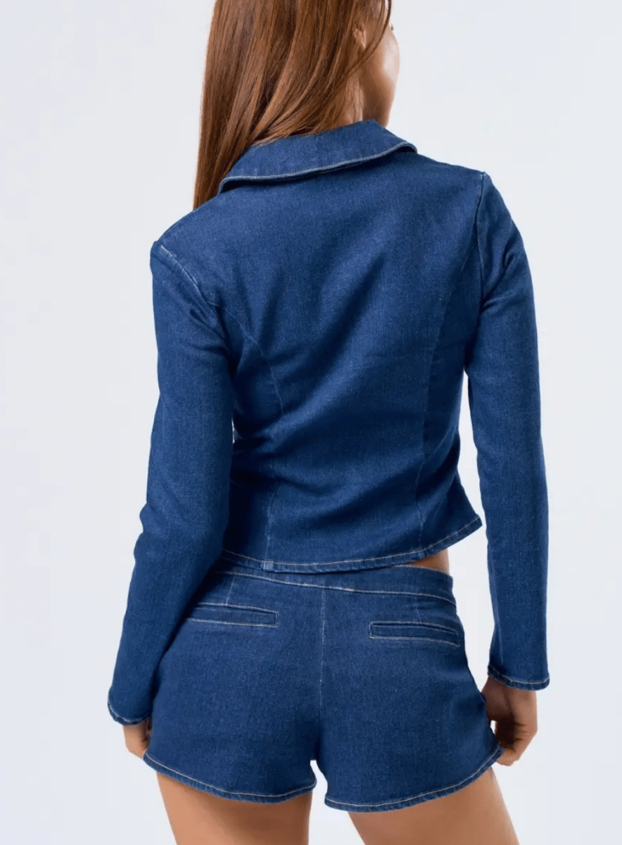 Ruched Long Sleeve Polo Denim Zip-Up