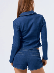 Ruched Long Sleeve Polo Denim Zip-Up