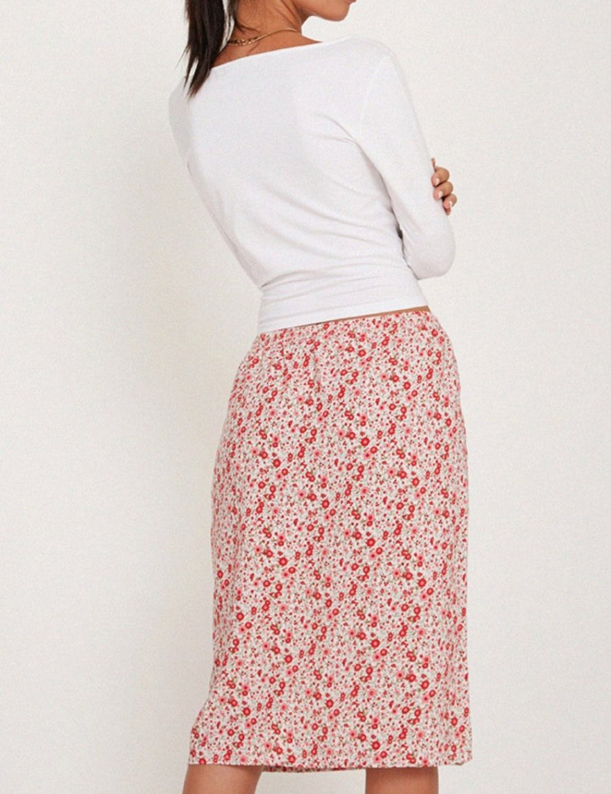 Rujina Skirt In Ditsy Floral Blush Red - Highly Praise